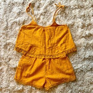 AERIE mustard linen and embroidered romper - bow tie straps, adjustable, size S.